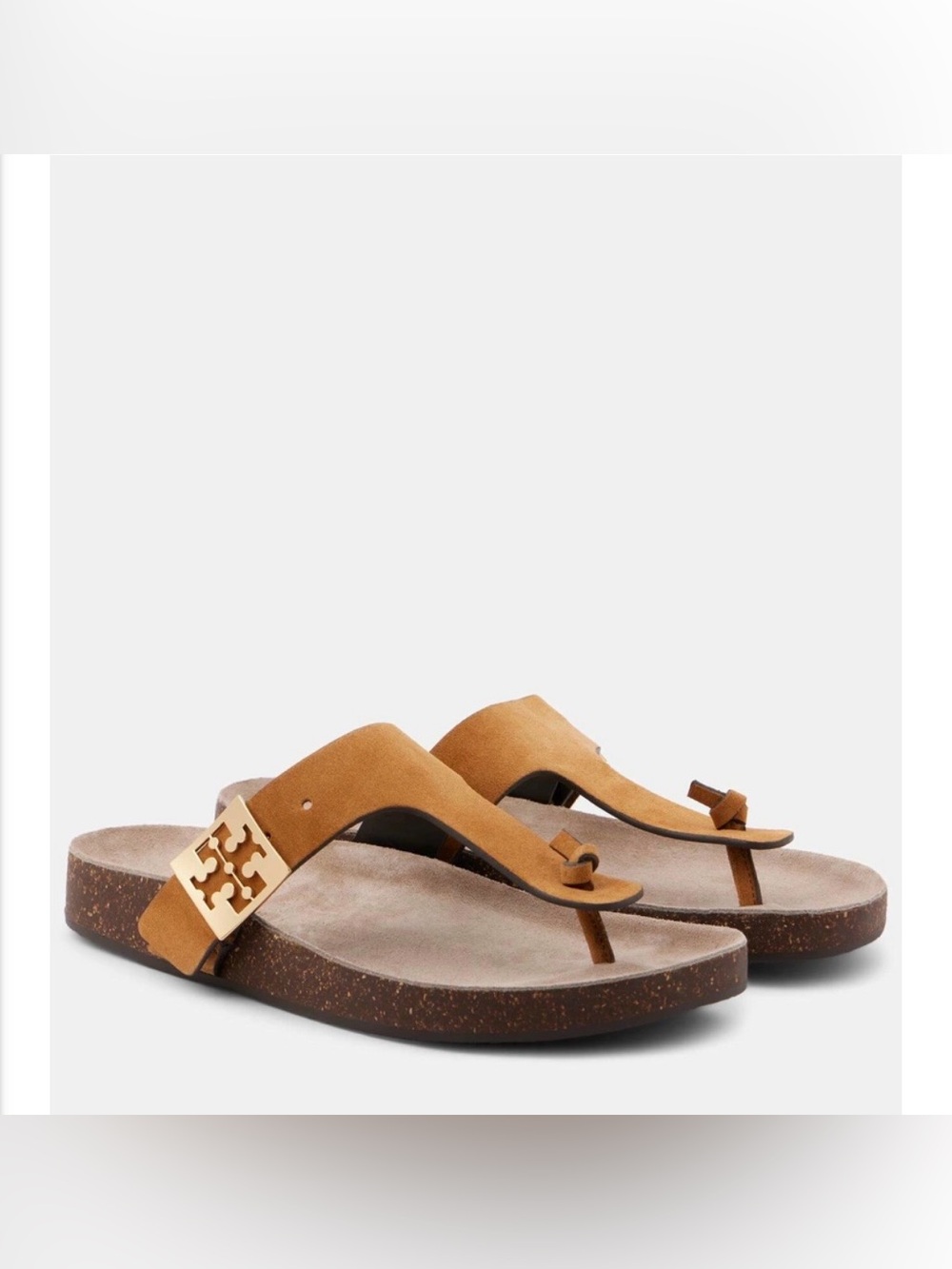 Tory Burch Mellow Thing Suede Cork Toe-Post Sandals Logo Plaque Cognac Tan 8.5